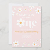 Retro Daisy One Floral 1e verjaardag Uitnodiging (Voorkant)