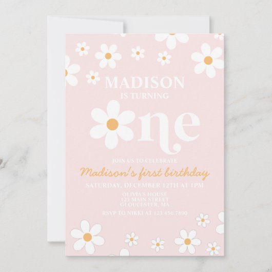 Retro Daisy One Floral 1e verjaardag Uitnodiging (Voorkant)