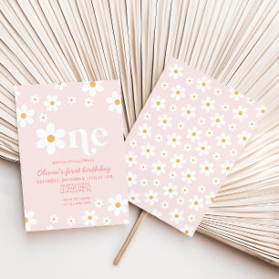 Retro Daisy One Floral 1e verjaardag Uitnodiging