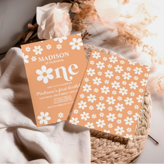 Retro Daisy One Floral 1e verjaardag Uitnodiging