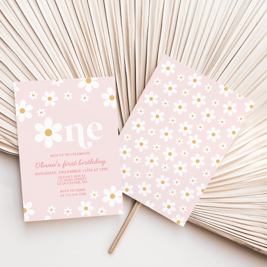 Retro Daisy One Floral 1e verjaardag Uitnodiging