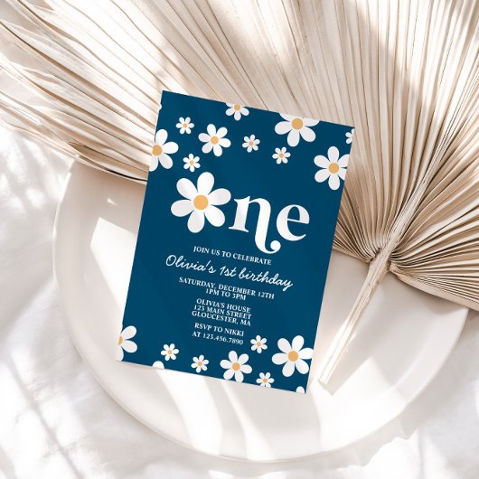 Retro Daisy One Floral 1e verjaardag Uitnodiging