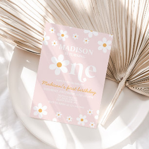 Retro Daisy One Floral 1e verjaardag Uitnodiging