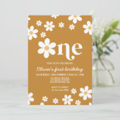 Retro Daisy One Floral 1e verjaardag Uitnodiging (Staand voorkant)