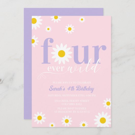 Retro Daisy Paarse Roze Groovy 4e Verjaardag Kaart (Voorkant / Achterkant)
