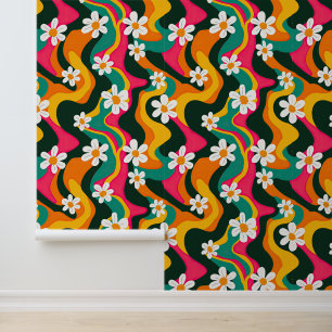 Retro Daisy Patroon Kleurrijke 70s Hippie Behang