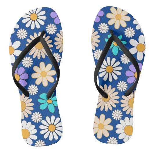 Retro Daisy Patroon Simple.01. Blauw BG Teenslippers (Voetbed)