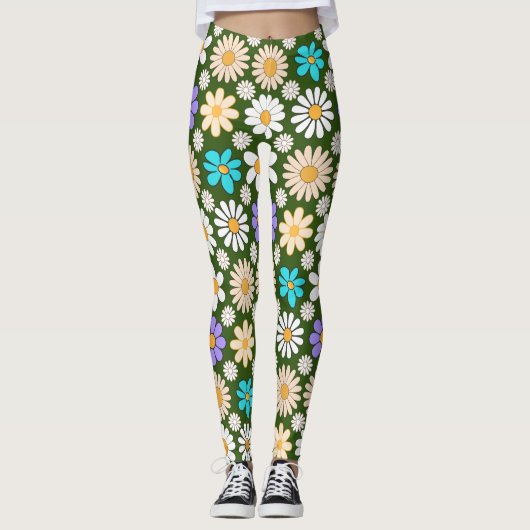 Retro Daisy Patroon Simple.01. D Green BG Leggings (Voorkant)