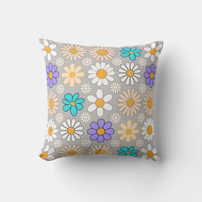 Retro Daisy Patroon Simple.01. Grijs BG Kussen (Voorkant)