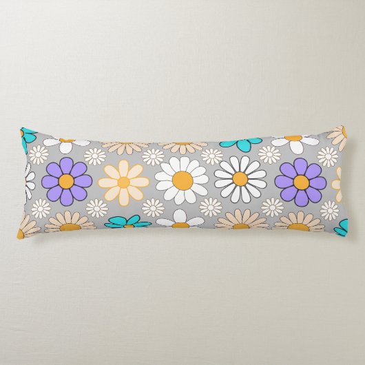 Retro Daisy Patroon Simple.01. Grijs BG Lichaamskussen (Voorkant)