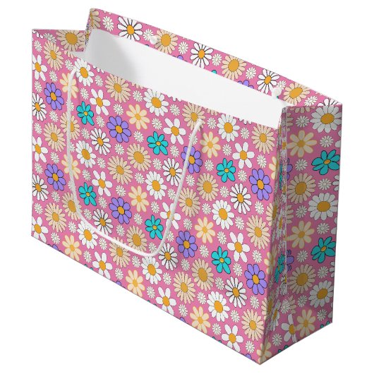Retro Daisy Patroon Simple.01. Roze BG Groot Cadeauzakje (Voorkant Gekanteld)