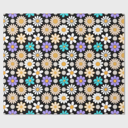 Retro Daisy Patroon Simple.01. Zwart BG Cadeaupapier (Vlak)