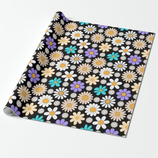 Retro Daisy Patroon Simple.01. Zwart BG Cadeaupapier (Uitgerold)