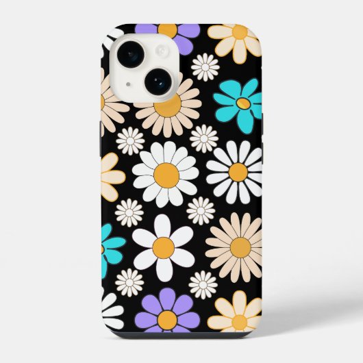 Retro Daisy Patroon Simple.01. Zwart BG iPhone Hoesje (Achterkant)