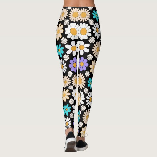 Retro Daisy Patroon Simple.01. Zwart BG Leggings (Achterkant)