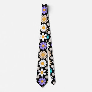 Retro Daisy Patroon Simple.01. Zwart BG Stropdas