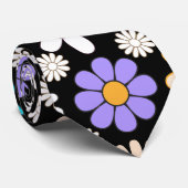 Retro Daisy Patroon Simple.01. Zwart BG Stropdas (Opgerold)