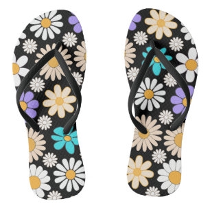 Retro Daisy Patroon Simple.01. Zwart BG Teenslippers