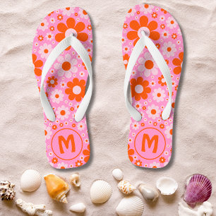 Retro Daisy Pattern Oranje Roze Monogram Teenslippers