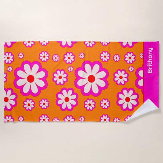 Retro Daisy Pattern Roze & Sinaasappel 70s Bloemen Strandlaken (Voorkant)