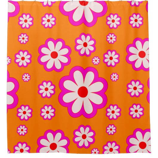 Retro Daisy Pattern Roze & Sinaasappel BOHO Bloeme Douchegordijn (Voorkant)