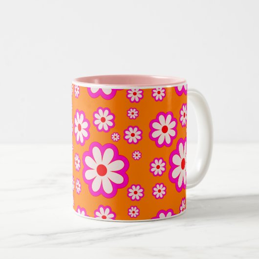 Retro Daisy Pattern Sinaasappel & Roze BOHO Chic B Tweekleurige Koffiemok (Voorkant rechts)