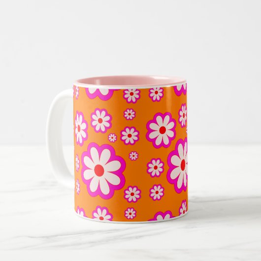 Retro Daisy Pattern Sinaasappel & Roze BOHO Chic B Tweekleurige Koffiemok (Voorkant links)