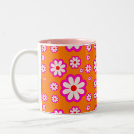 Retro Daisy Pattern Sinaasappel & Roze BOHO Chic B Tweekleurige Koffiemok