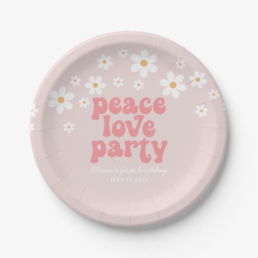 Retro Daisy Peace Love Party Birthday Papieren Bordje (Voorkant)
