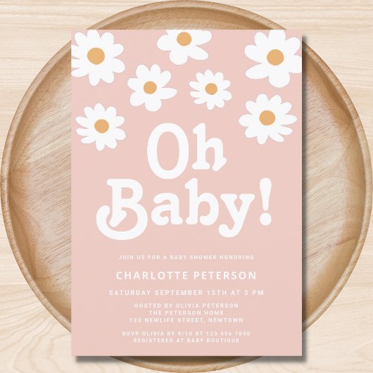 Retro Daisy Pink Baby shower Kaart