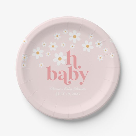 Retro Daisy Pink boho Baby shower Papieren Bordje (Voorkant)
