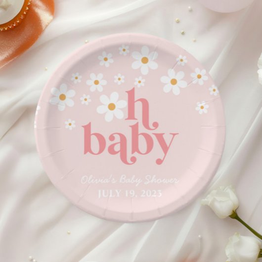 Retro Daisy Pink boho Baby shower Papieren Bordje