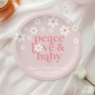 Retro Daisy Pink boho Peace Love Baby shower Papieren Bordje