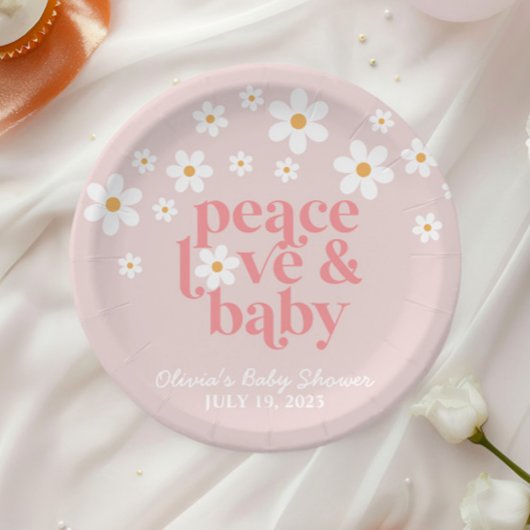 Retro Daisy Pink boho Peace Love Baby shower Papieren Bordje