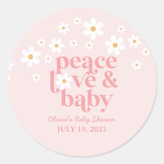 Retro Daisy Pink boho Peace Love Baby shower Ronde Sticker (Voorkant)