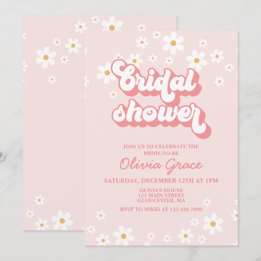 Retro Daisy Pink Bridal Shower Kaart (Voorkant / Achterkant)