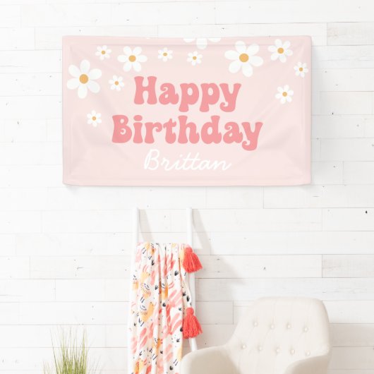 Retro Daisy Pink Happy Birthday Spandoek (Insitu)