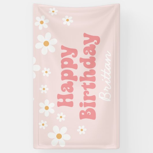 Retro Daisy Pink Happy Birthday Spandoek (Verticaal)