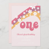 Retro Daisy Pink Rainbow eerste verjaardag Uitnodi Kaart (Voorkant / Achterkant)
