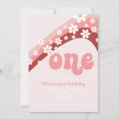 Retro Daisy Pink Rainbow eerste verjaardag Uitnodi Kaart (Voorkant)