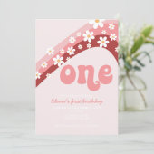 Retro Daisy Pink Rainbow eerste verjaardag Uitnodi Kaart (Staand voorkant)