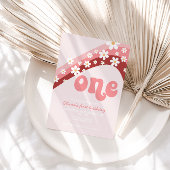 Retro Daisy Pink Rainbow eerste verjaardag Uitnodi Kaart