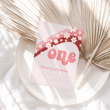 Retro Daisy Pink Rainbow eerste verjaardag Uitnodi