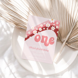 Retro Daisy Pink Rainbow eerste verjaardag Uitnodi Kaart