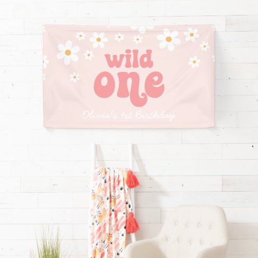 Retro Daisy Pink Wild Eén eerste verjaardag Spandoek (Insitu)