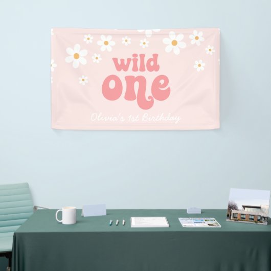 Retro Daisy Pink Wild Eén eerste verjaardag Spandoek (Beurs)