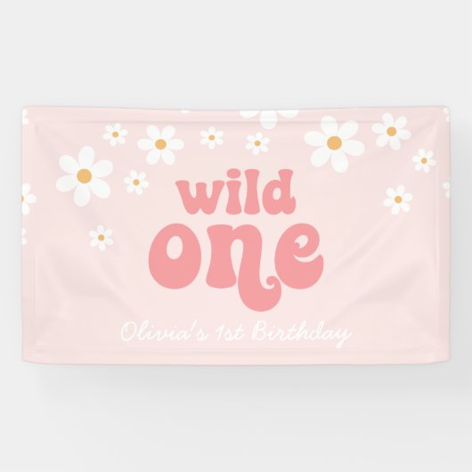 Retro Daisy Pink Wild Eén eerste verjaardag Spandoek (Horizontaal)