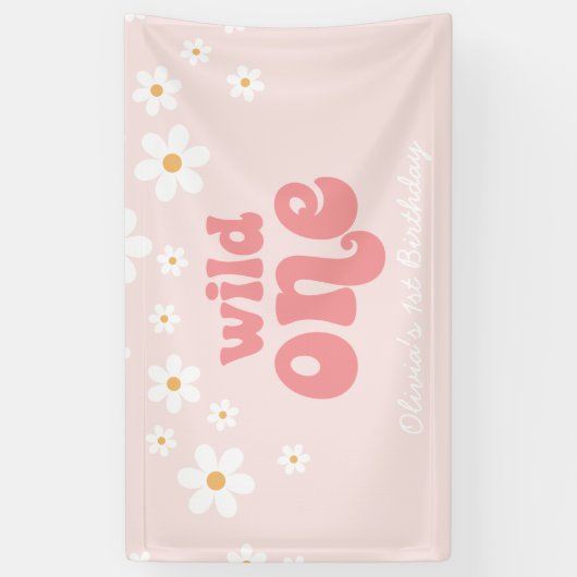 Retro Daisy Pink Wild Eén eerste verjaardag Spandoek (Verticaal)