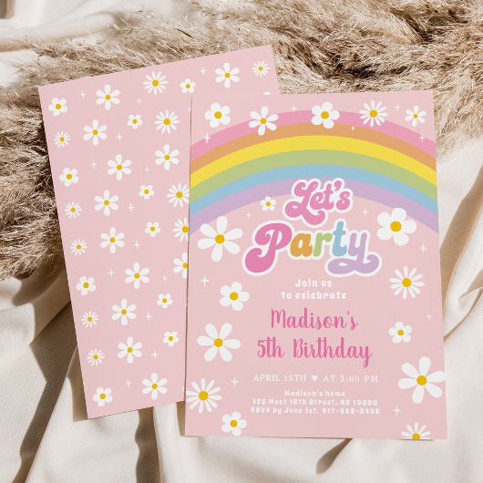 Retro Daisy Rainbow Let's Party Verjaardag Kaart
