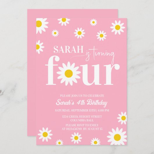 Retro Daisy Roze en Wit 4e Verjaardag Kaart (Voorkant / Achterkant)